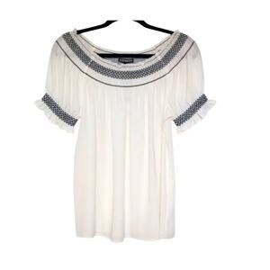 UEC EXPRESS WHITE SHEER & BLACK EMBROIDERED TRIM BLOUSE SZ M